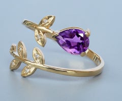Pear Amethyst 14k Gold Ring, Amethyst Gold Ring, Genuine Amethyst Ring