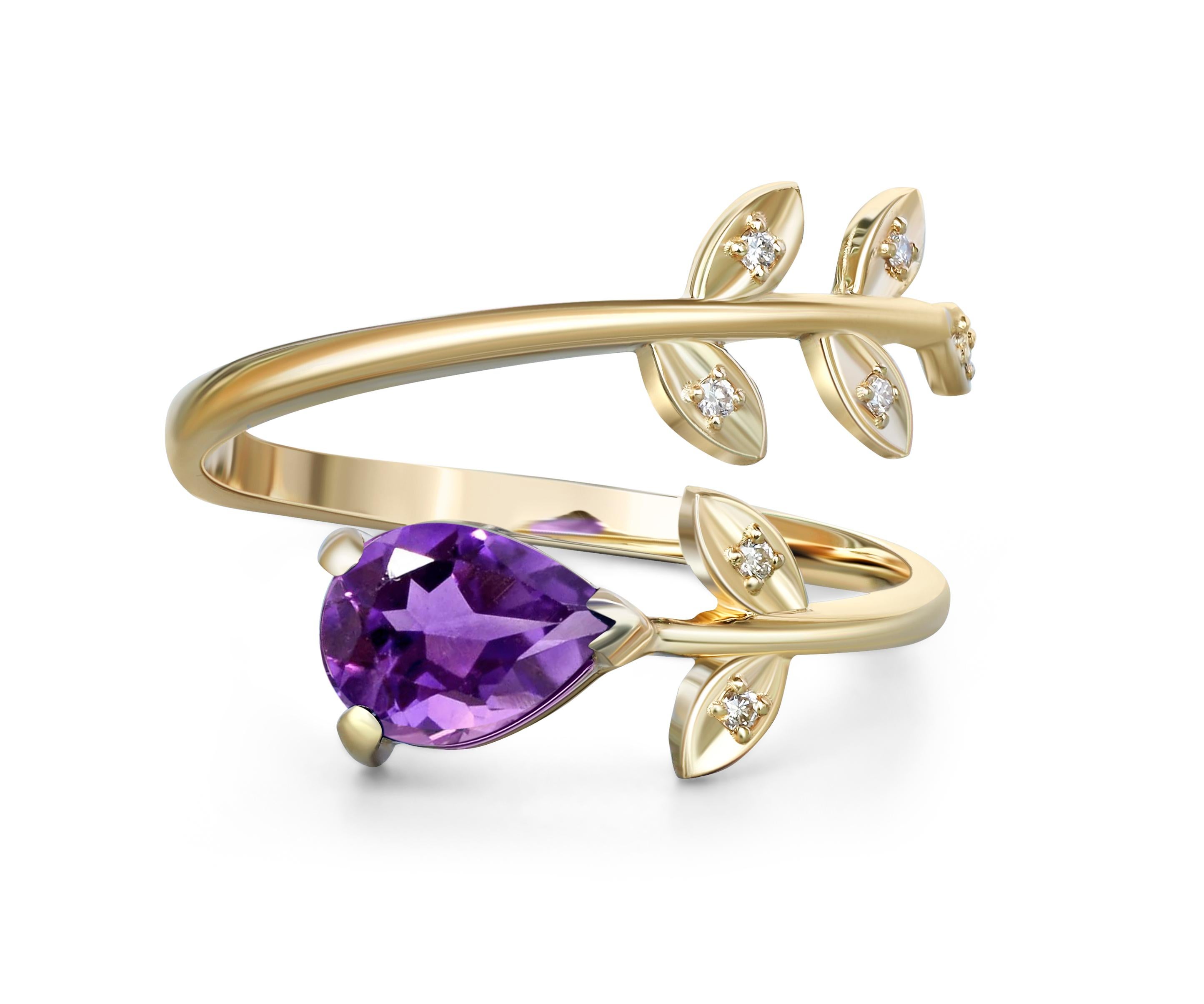 Pear amethyst 14k gold ring. 
Amethyst gold ring. Casual amethyst ring. Gold leaves ring. Floral gold ring. Open ended gold ring.

Metal: 14 k gold
Weight: 2 g. depends from size

Set with amethyst
Pear shape, approx 0.8 ct, purple color.
Clarity: