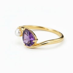 Pear amethyst and pearl 14k gold ring