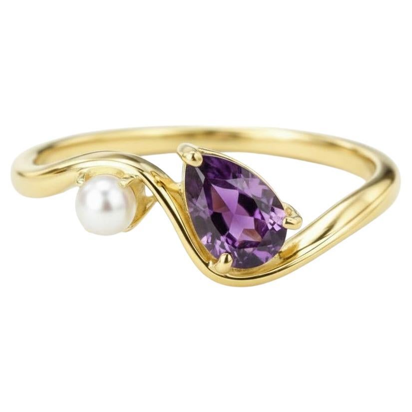 For Sale:  Pear amethyst and pearl 14k gold ring
