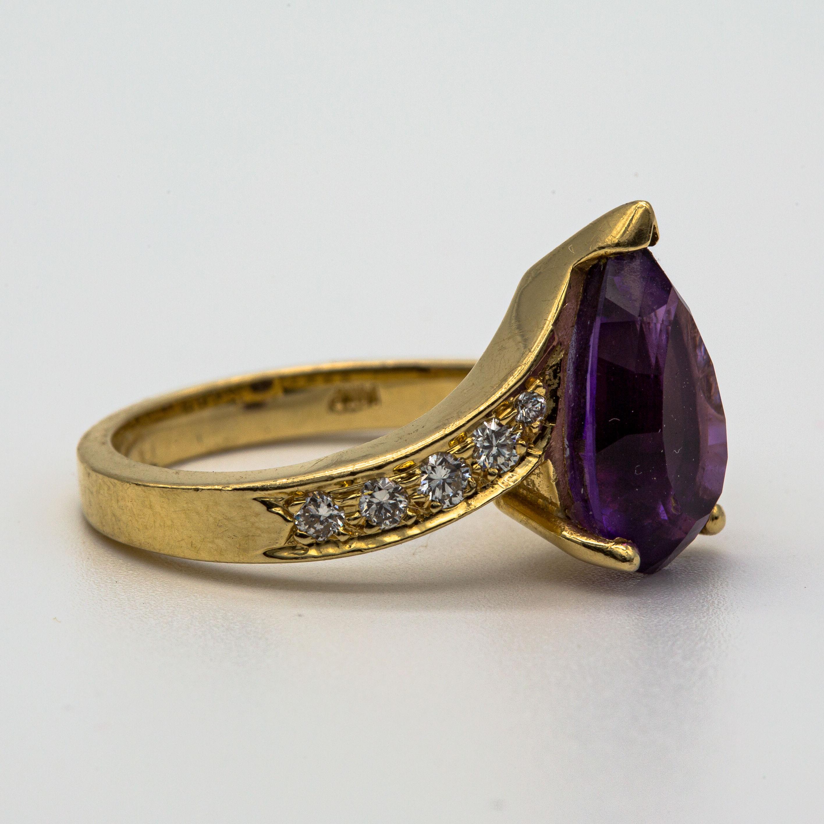 Birne Amethyst & Diamant 14k Gelbgold Cocktail Ring im Zustand „Gut“ im Angebot in Bernardsville, NJ