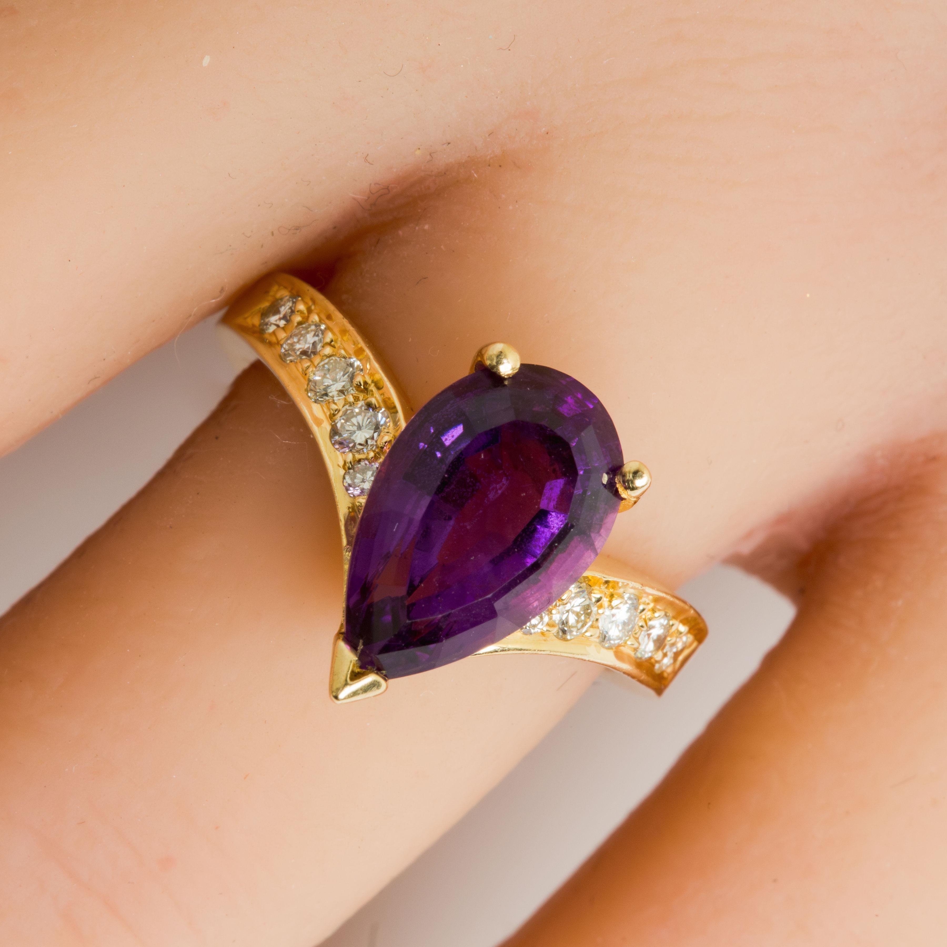 Birne Amethyst & Diamant 14k Gelbgold Cocktail Ring im Angebot 2