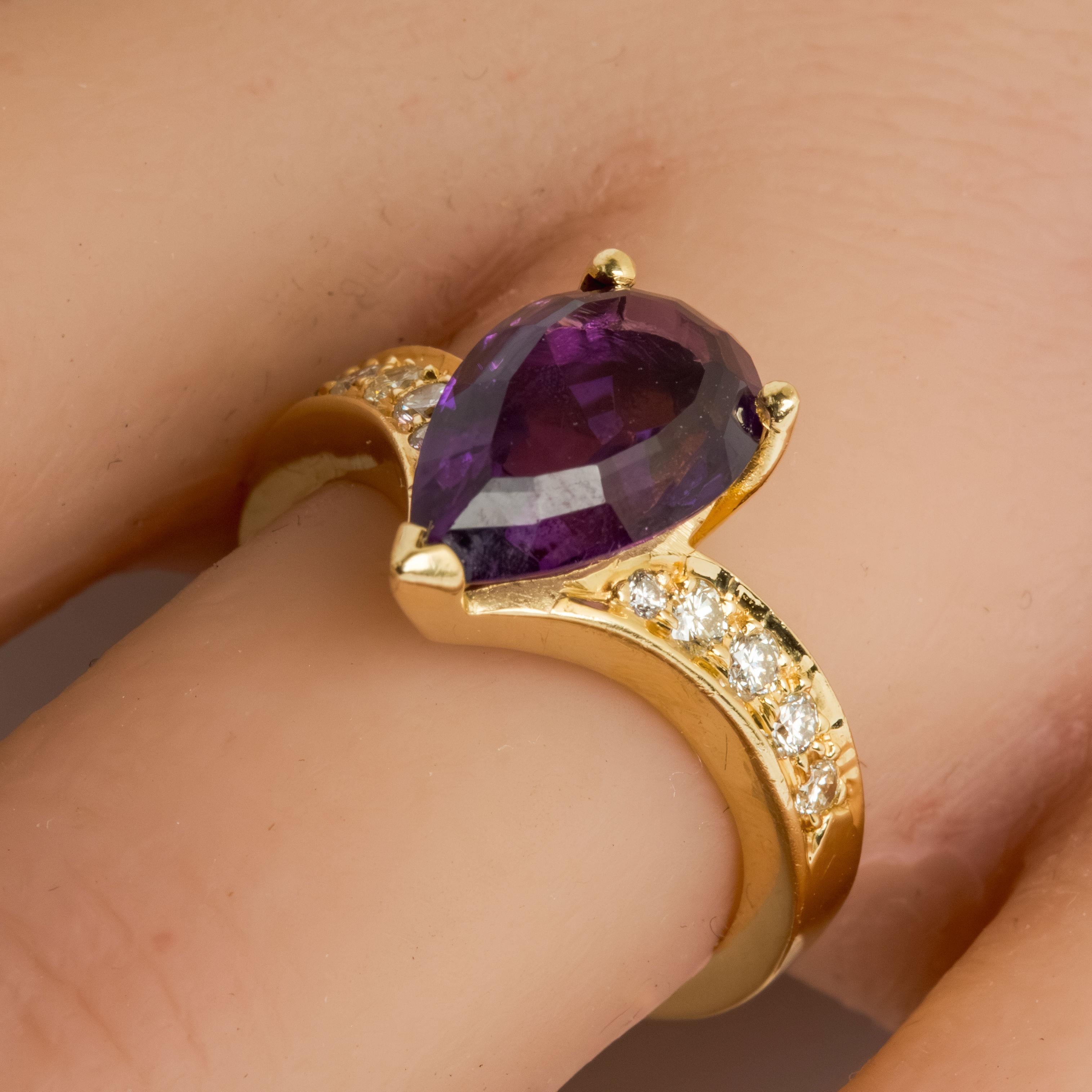Birne Amethyst & Diamant 14k Gelbgold Cocktail Ring im Angebot 3