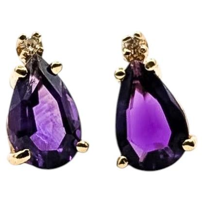 Pear Amethyst & Diamond Earrings in 14k Yellow Gold For Sale