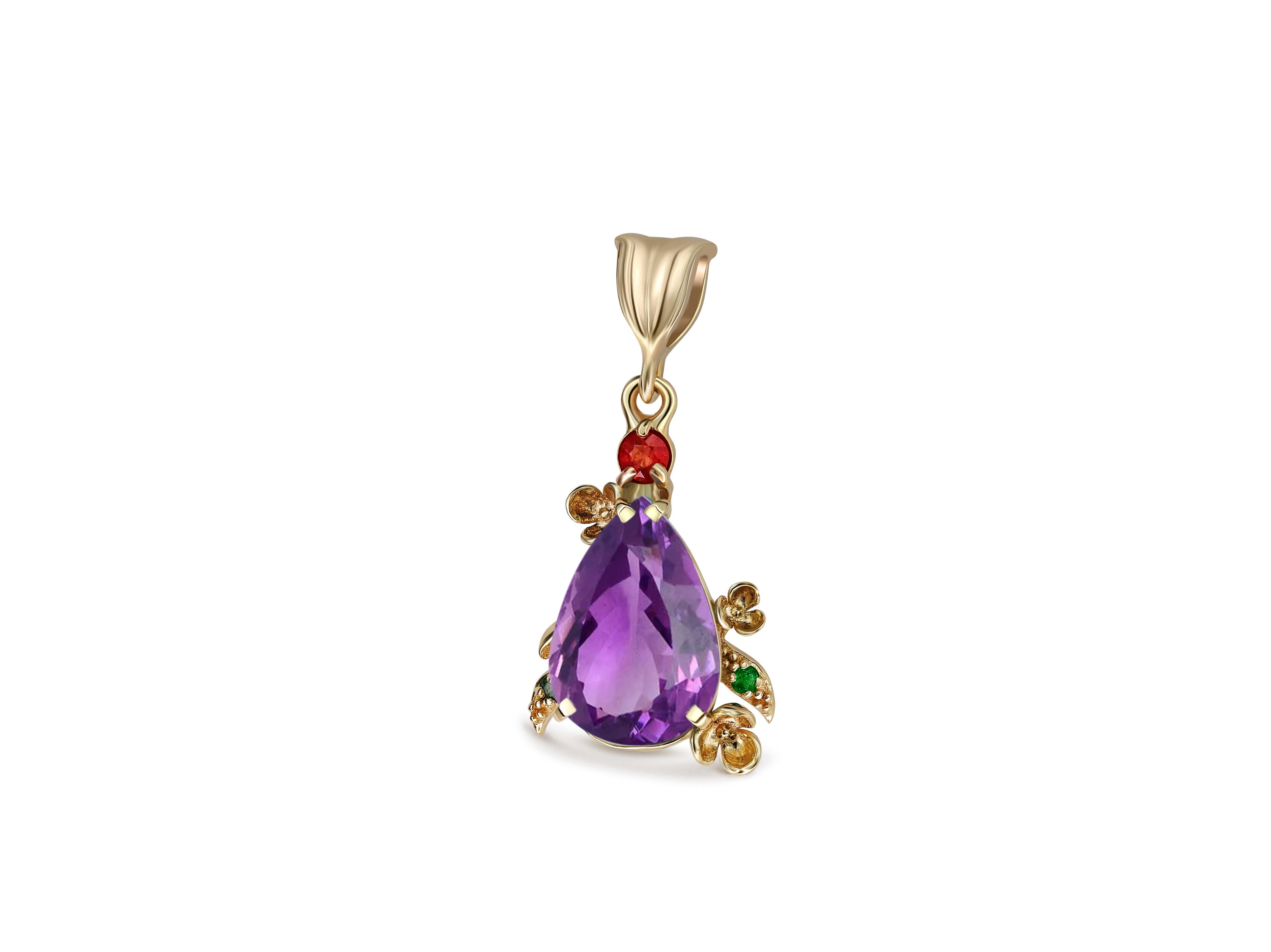 Pear Amethyst Pendant in 14 Karat Gold.  In New Condition For Sale In Istanbul, TR