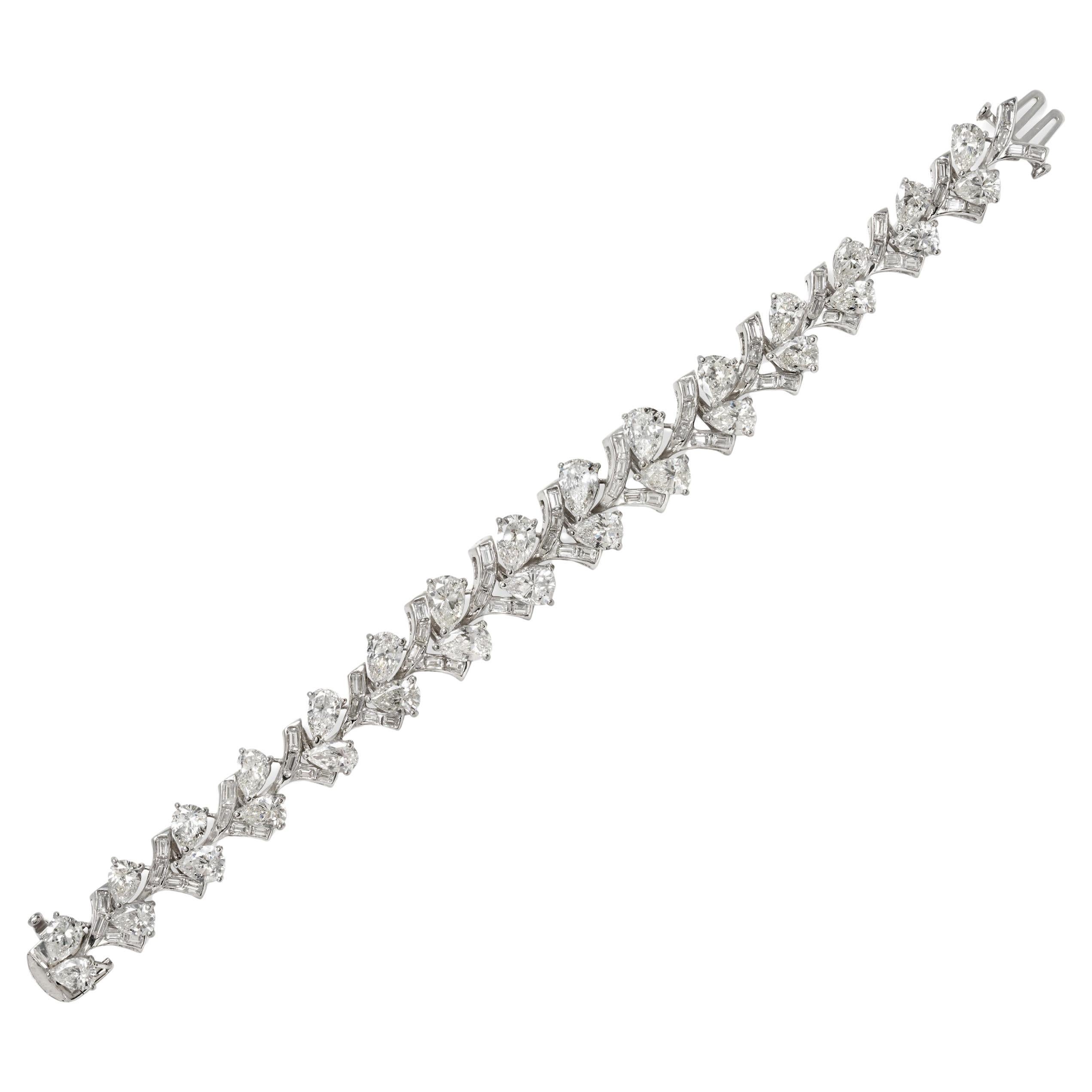 Pear and Baguette-Cut Diamond Platinum Rose Stem Flower Bracelet