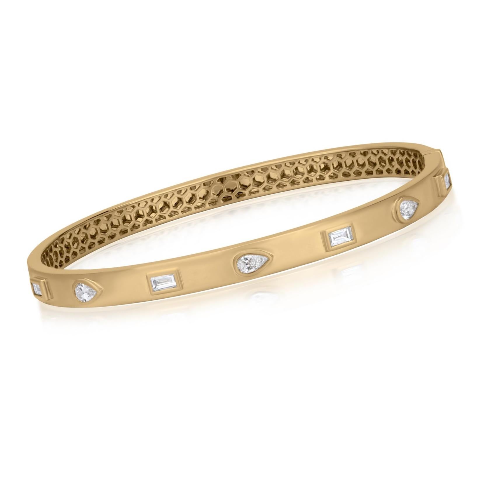 Contemporary Luxle 0.76 Cttw. Baguette and Pear Diamond Stackable Bangle in 18K Yellow Gold