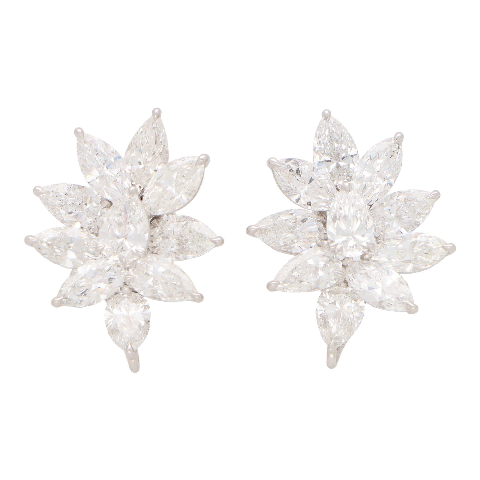 Modern Pear and Marquise Cut Diamond Floral Cluster Earrings Set in Platinum