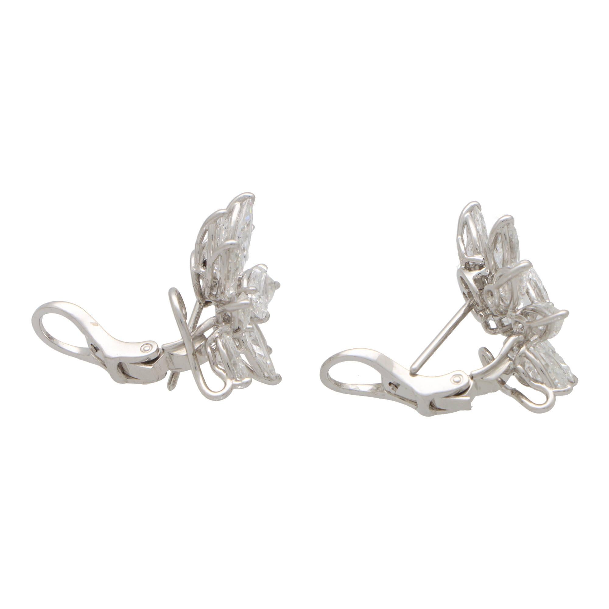 Pear Cut Pear and Marquise Cut Diamond Floral Cluster Earrings Set in Platinum