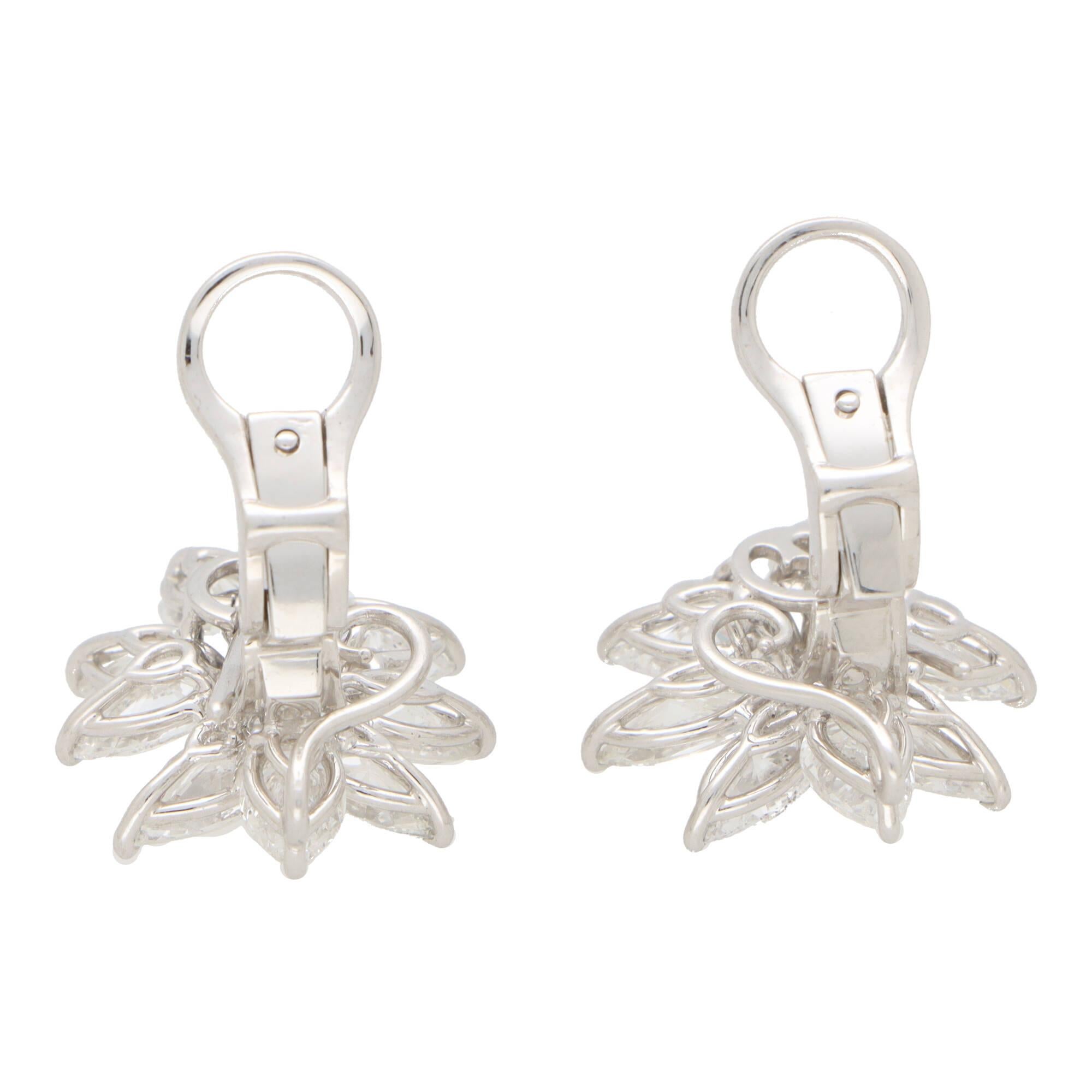 Pear and Marquise Cut Diamond Floral Cluster Earrings Set in Platinum In New Condition In London, GB