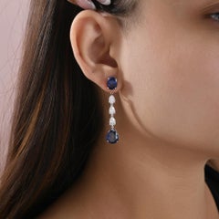 Pear and Oval Cut Blue Sapphire Diamond Drop Earrings 14k White Gold Jewelry