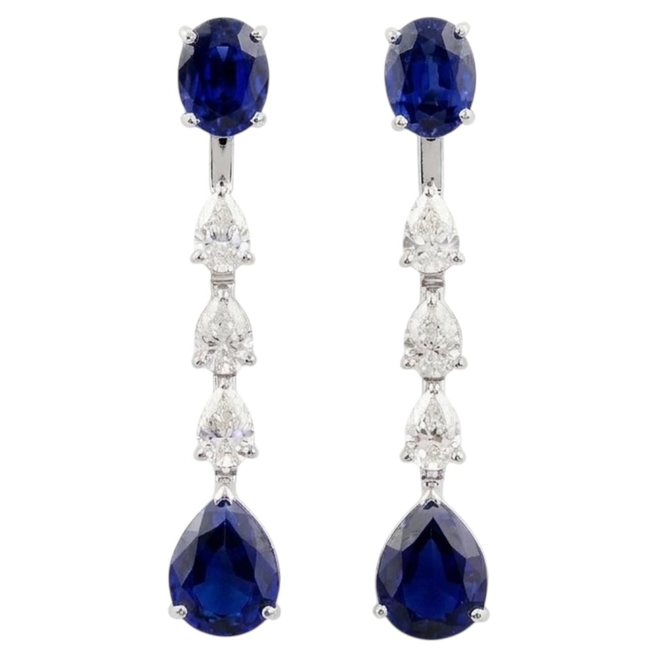 Natural Diamond & Blue Sapphire Drop Earrings in 18K White Gold 3.08 Ct Diamond