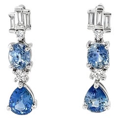 Pear and Oval Shaped Blue Sapphire and Diamond Dangle Earrings in White Gold