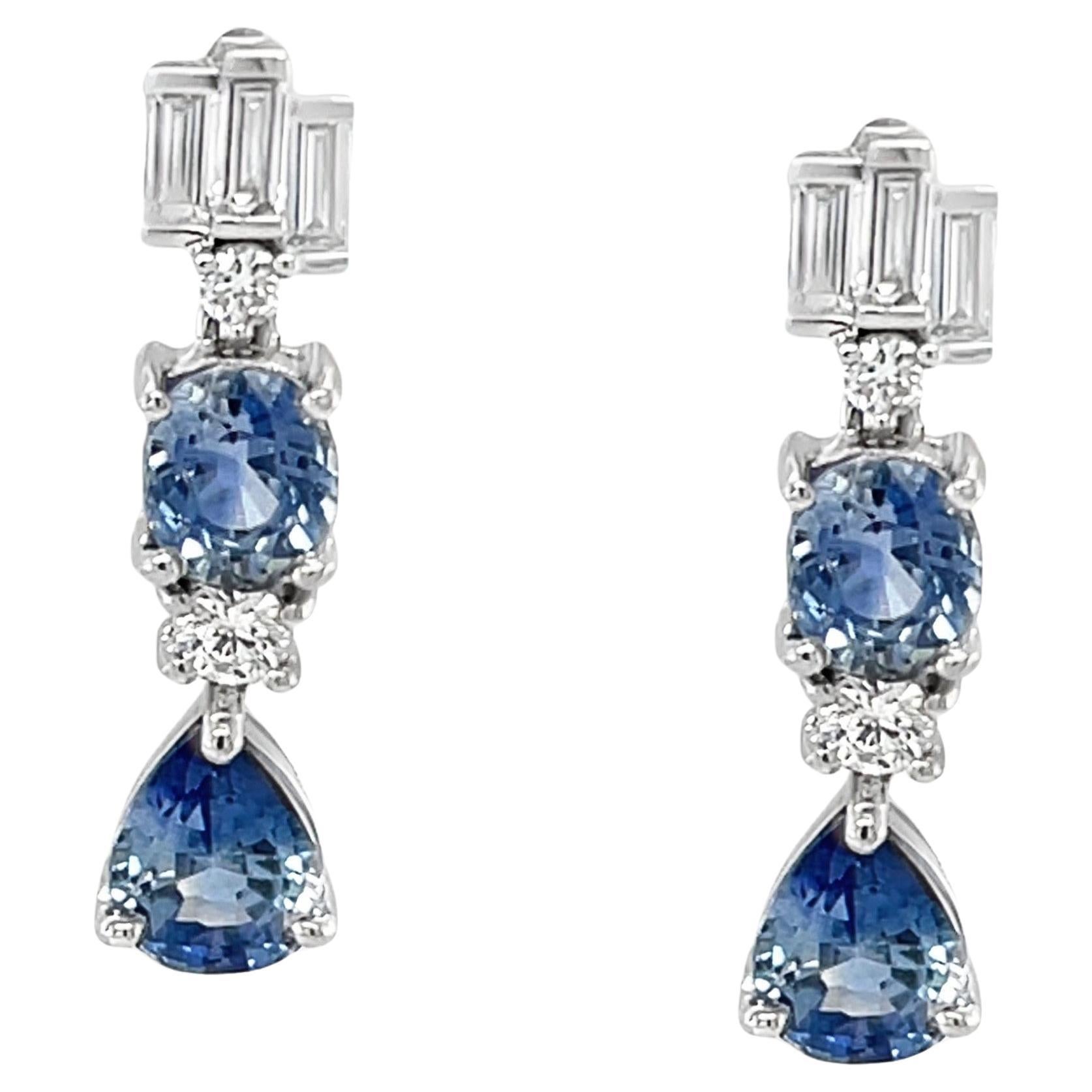 Pear and Oval Shaped Blue Sapphire and Diamond Dangle Earrings in White Gold
