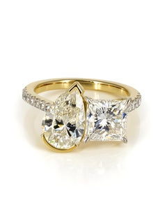 `Pear And Princess Cut Moissanite Two Stone Ring 925 Sterling Silver Band.