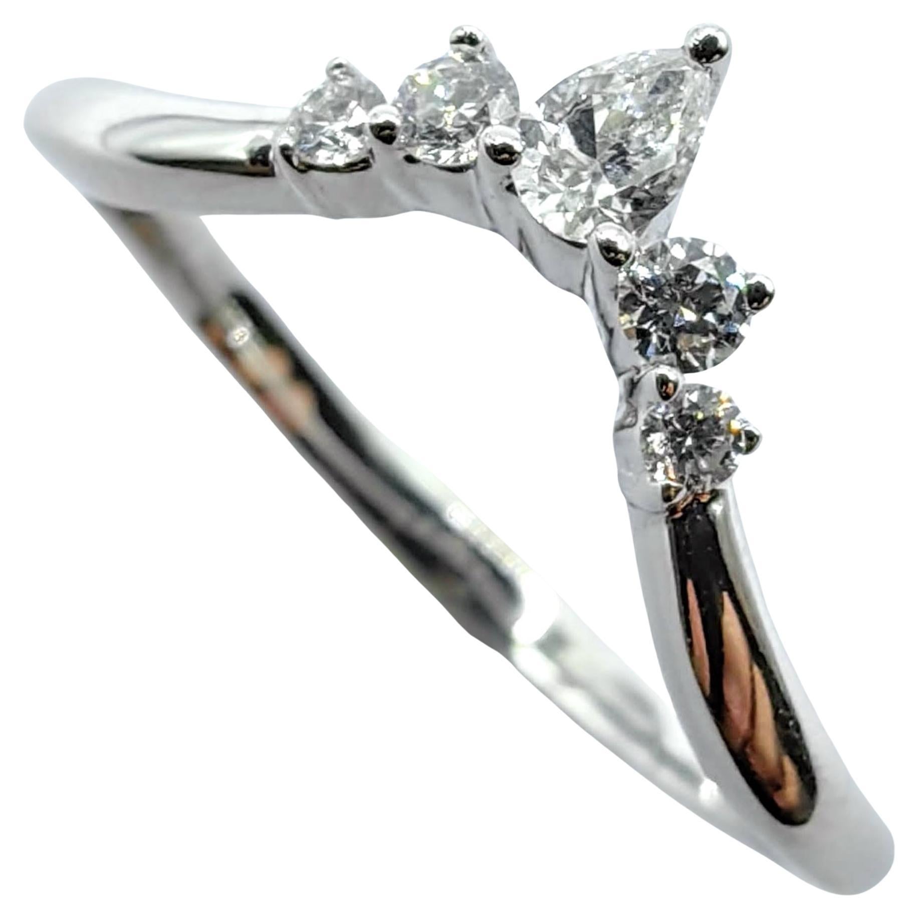 For Sale:  Pear and Round Brilliant Cut Diamonds Chevron Stackable Ring in 18K White Gold