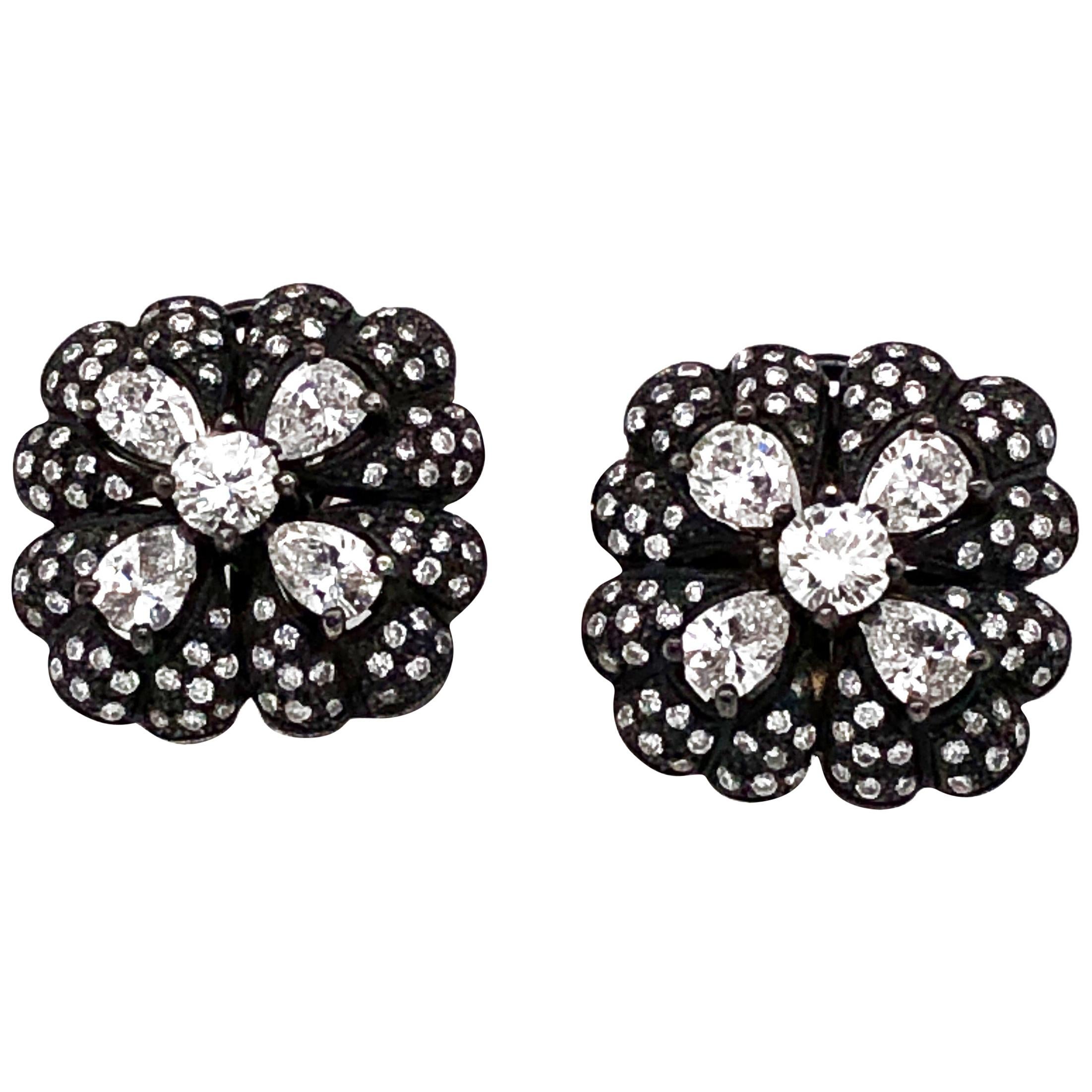 Pear and Round Cut Diamonds 4.98 Carat Smoke Black Square Platinum Earrings For Sale