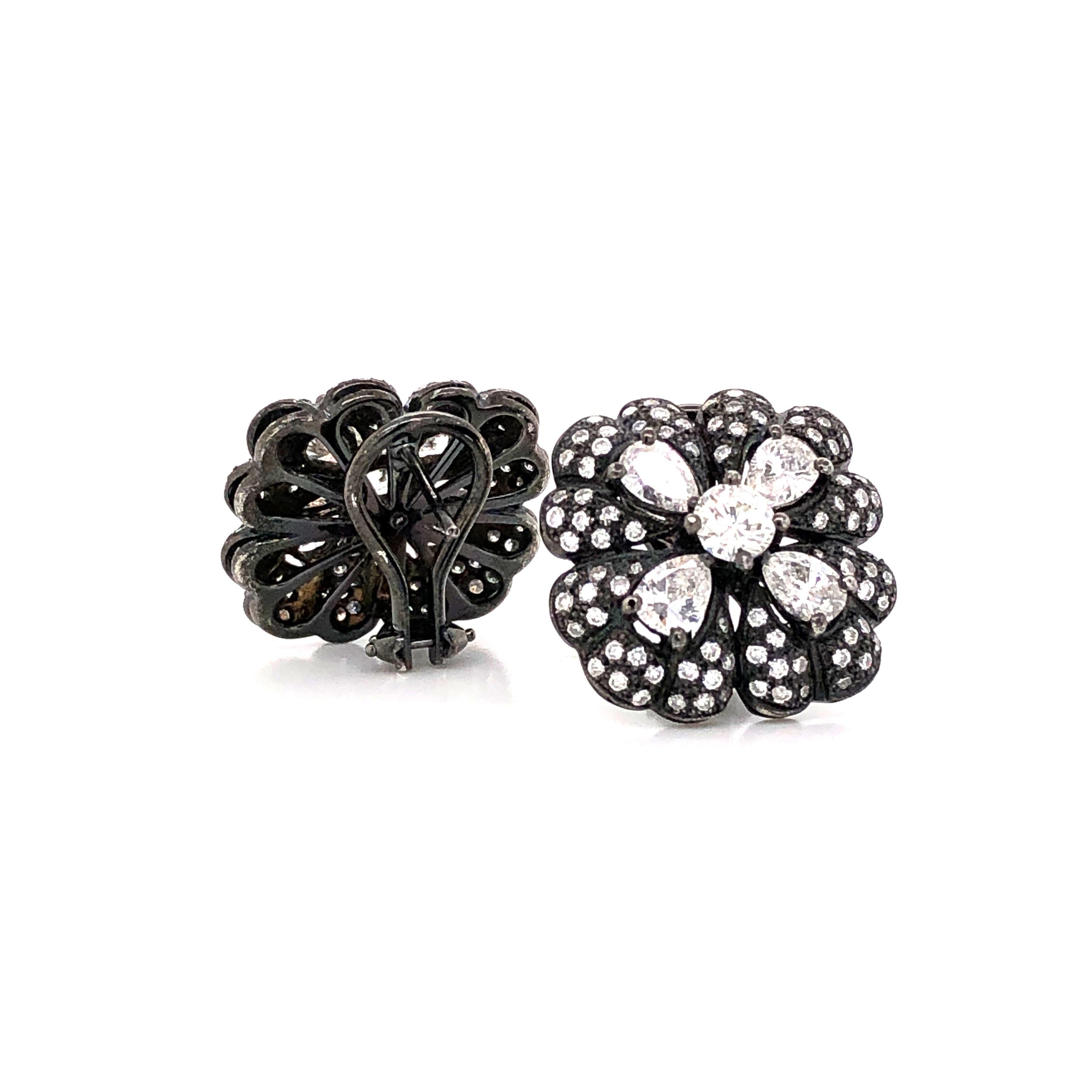 Contemporary Pear and Round Cut Diamonds 4.98 Carat Smoke Black Square Platinum Earrings For Sale