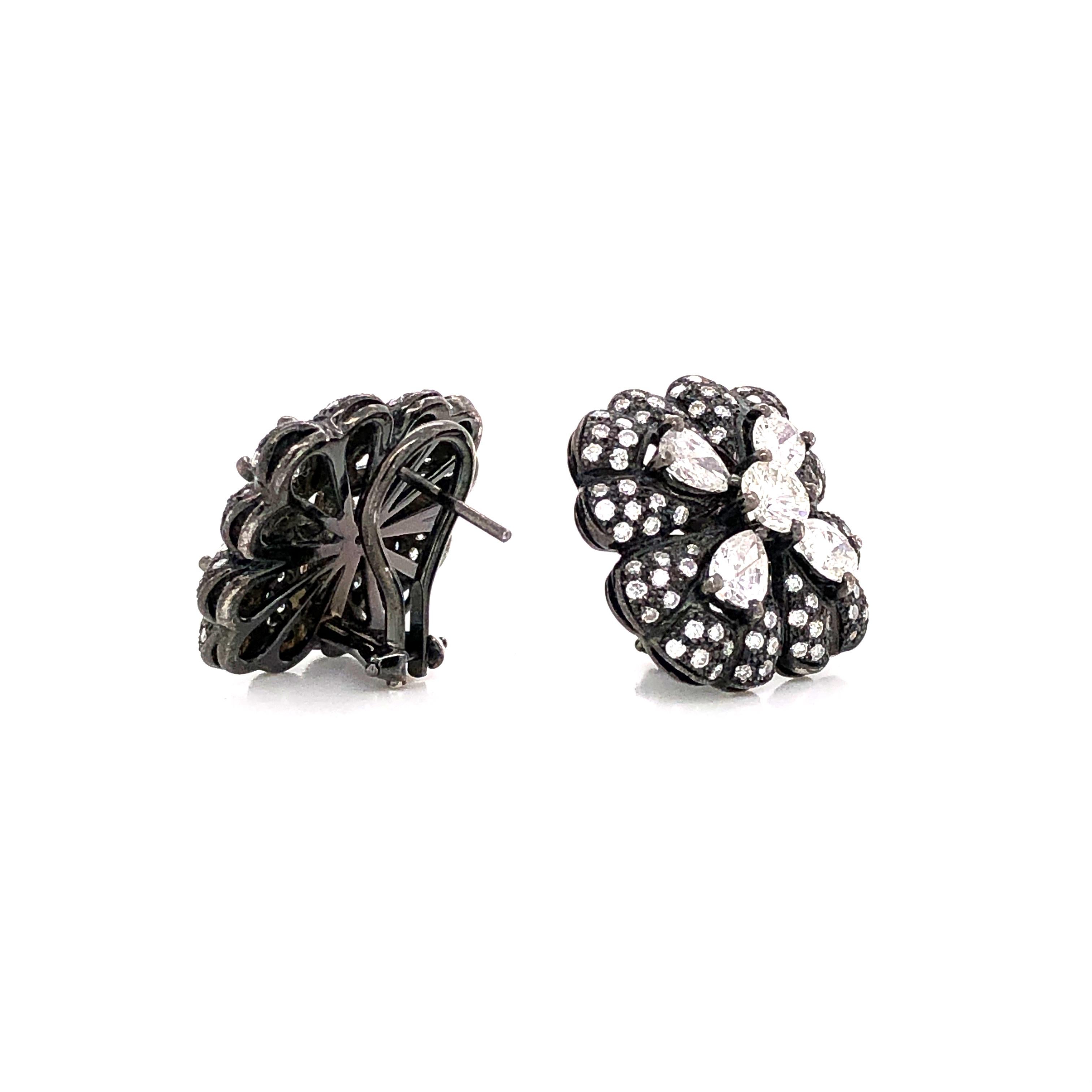 Pear Cut Pear and Round Cut Diamonds 4.98 Carat Smoke Black Square Platinum Earrings For Sale