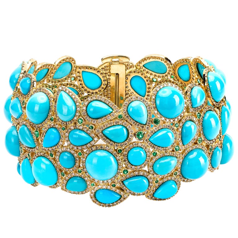 Turquoise, Emerald and Diamond Contemporary Bracelet in Yellow Gold For Sale