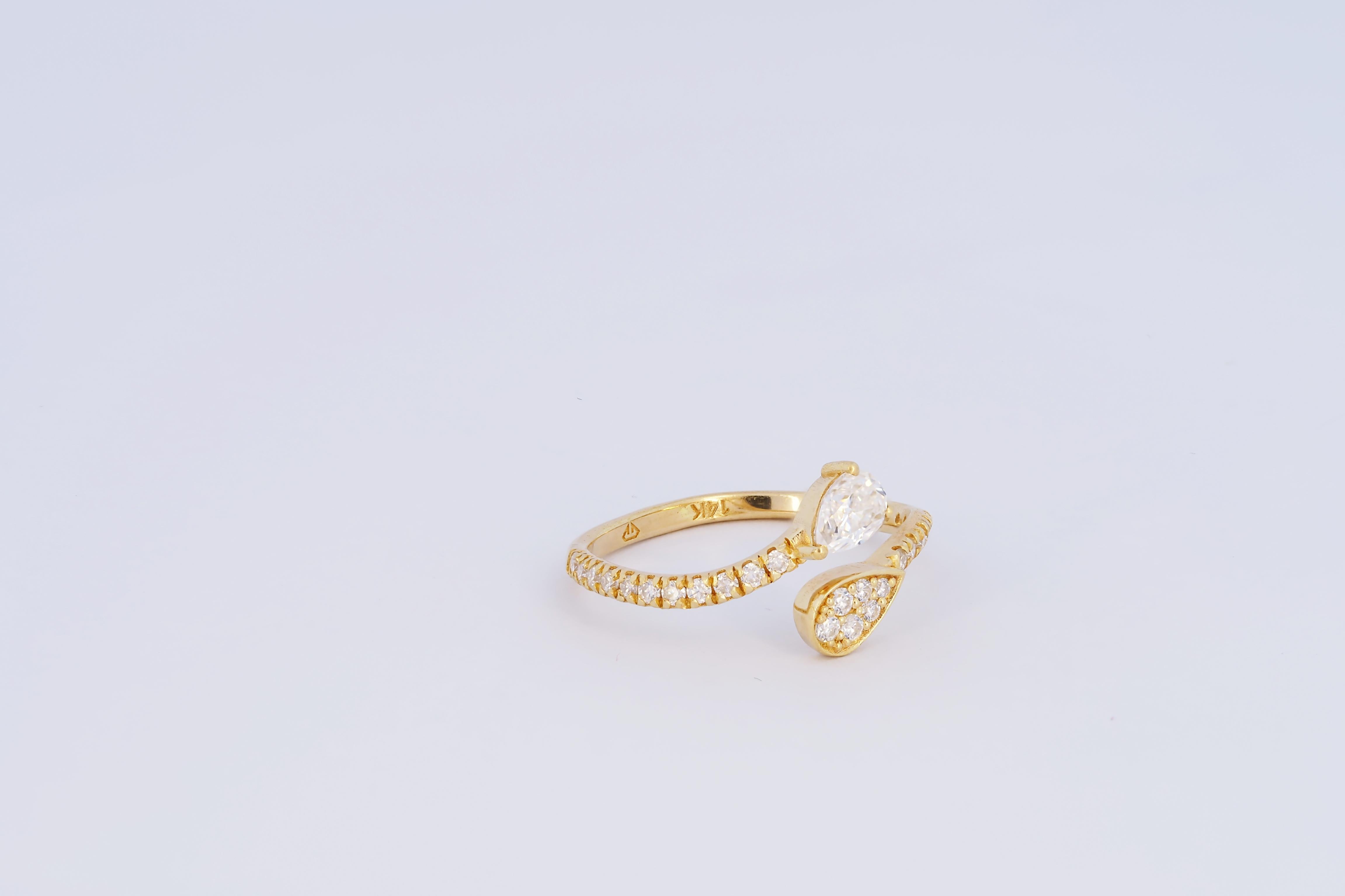 For Sale:  Pear and round diamond cut moissanite open ended 14k gold ring 2