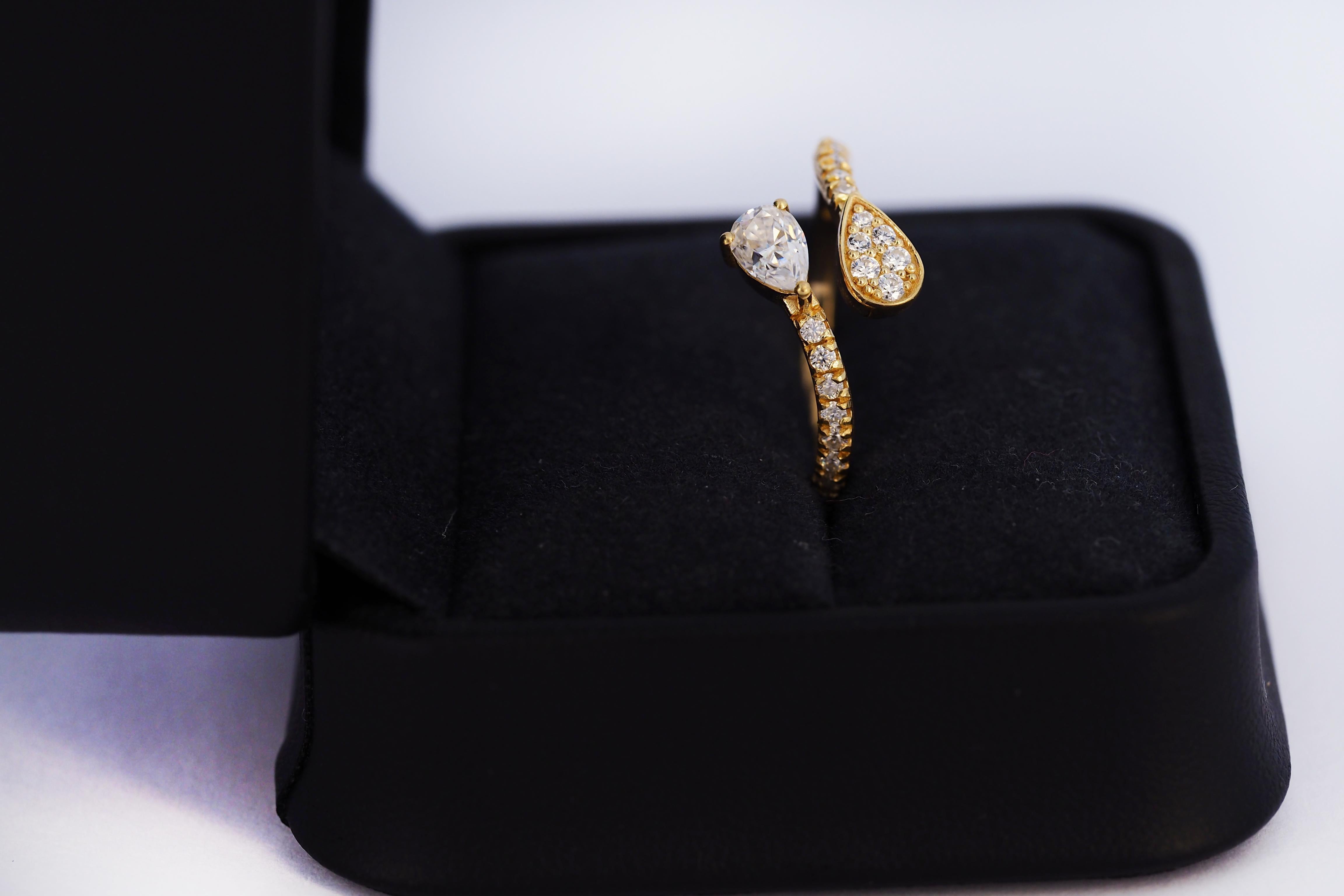 For Sale:  Pear and round diamond cut moissanite open ended 14k gold ring 3