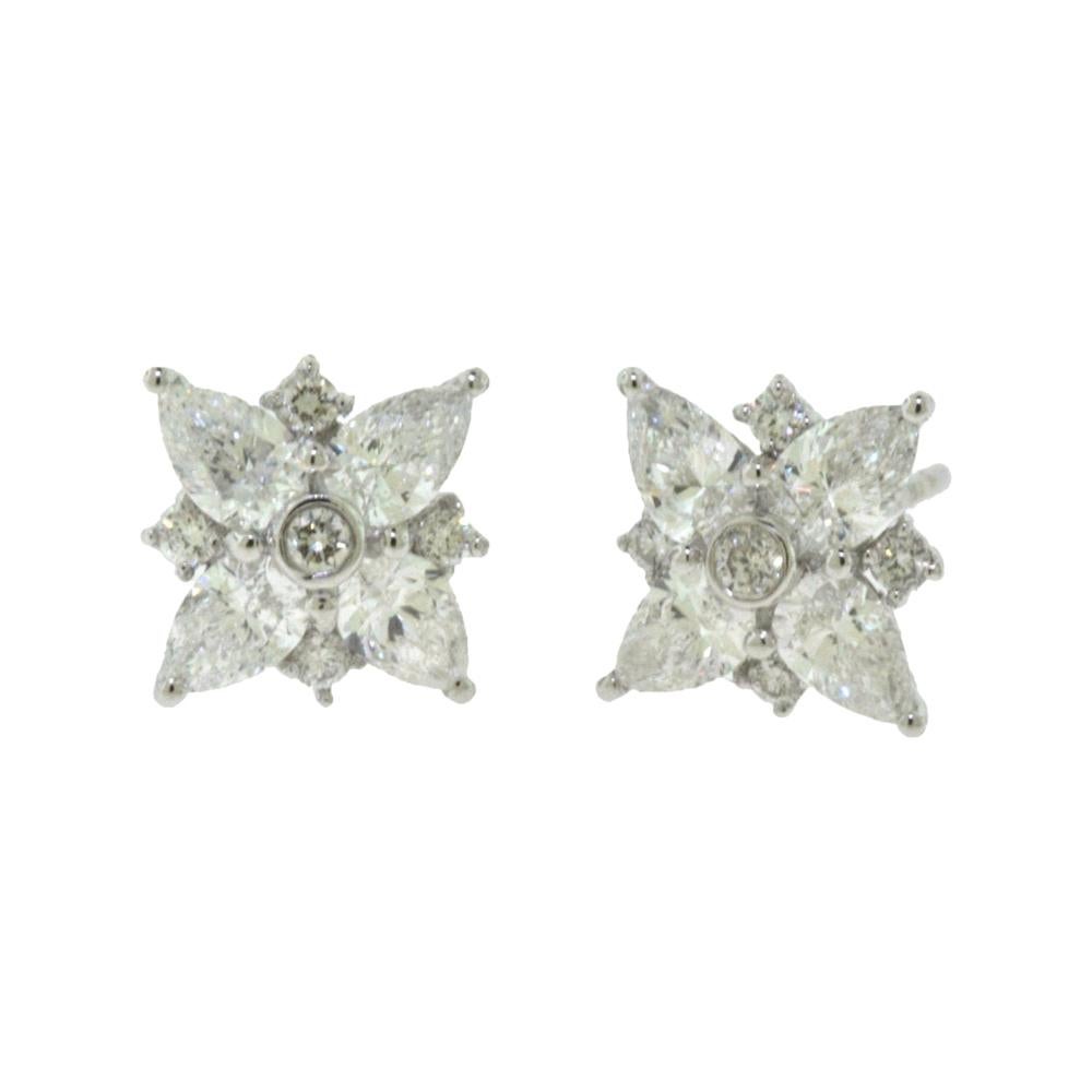 Pear and Round Diamond Floral Shaped White Gold Earrings For Sale