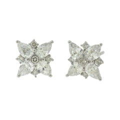 Pear and Round Diamond Floral Shaped White Gold Earrings