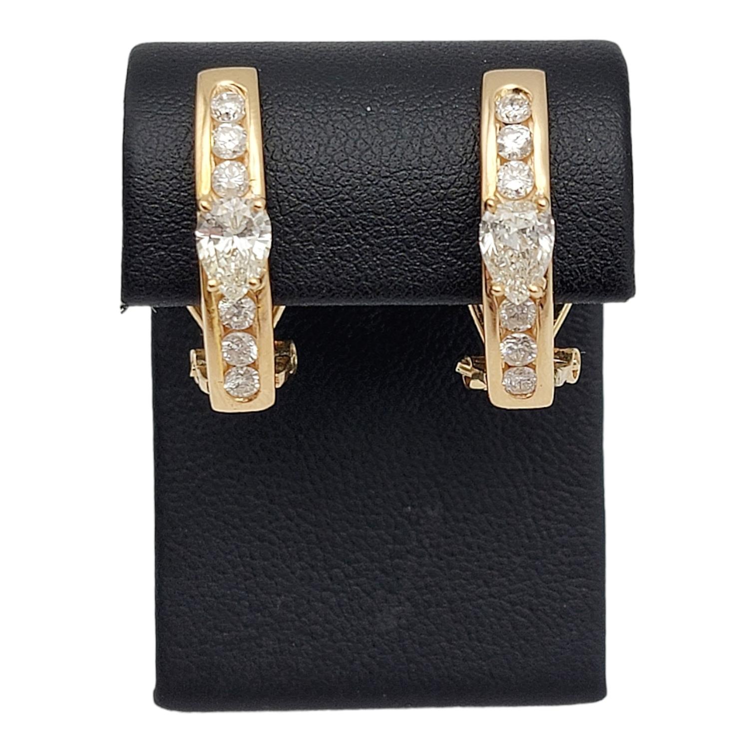 Pear and Round Diamond Half Hoop Linear Design 18 Karat Gold Pierced Earrings For Sale 4