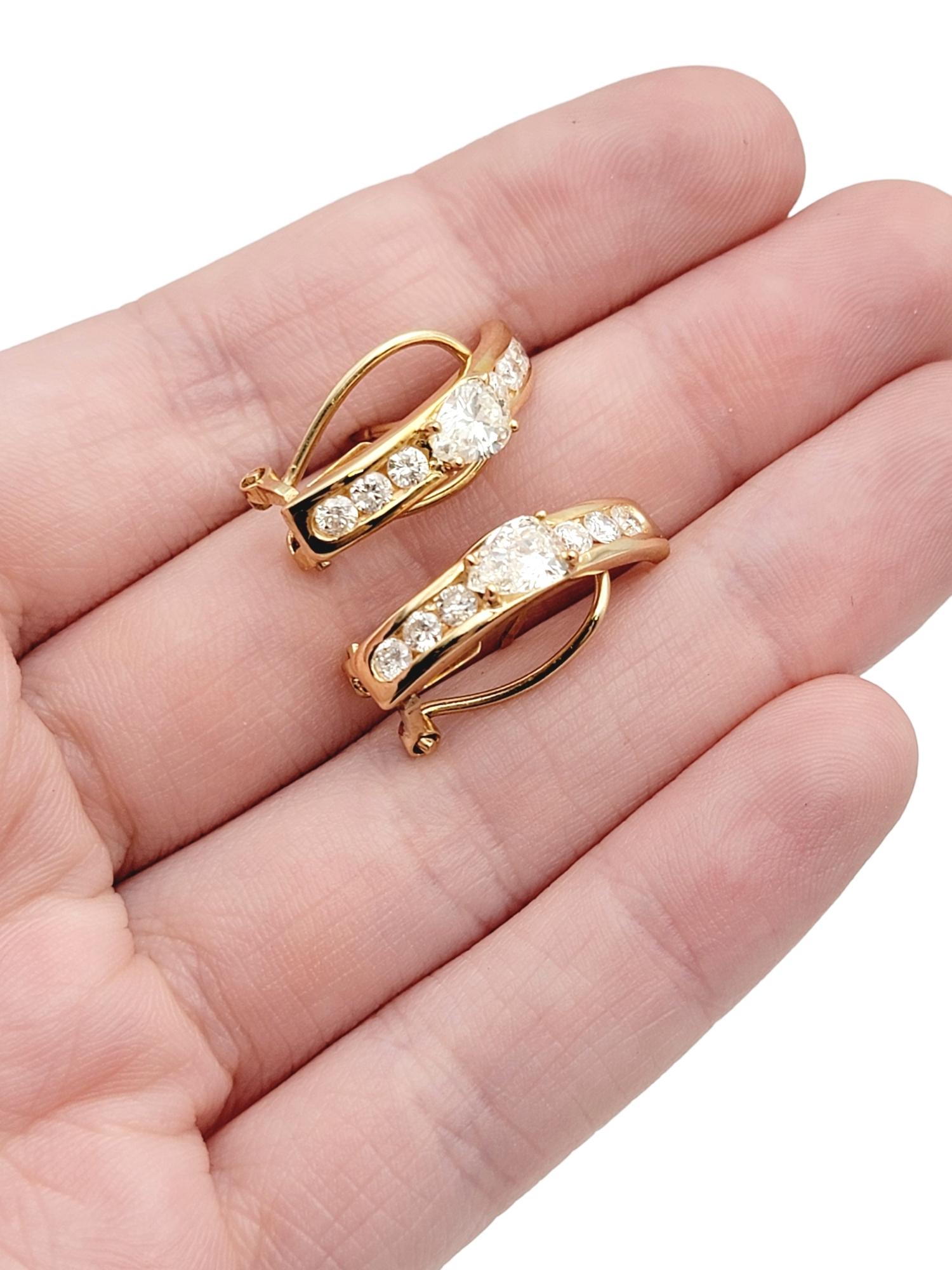 Pear and Round Diamond Half Hoop Linear Design 18 Karat Gold Pierced Earrings For Sale 6