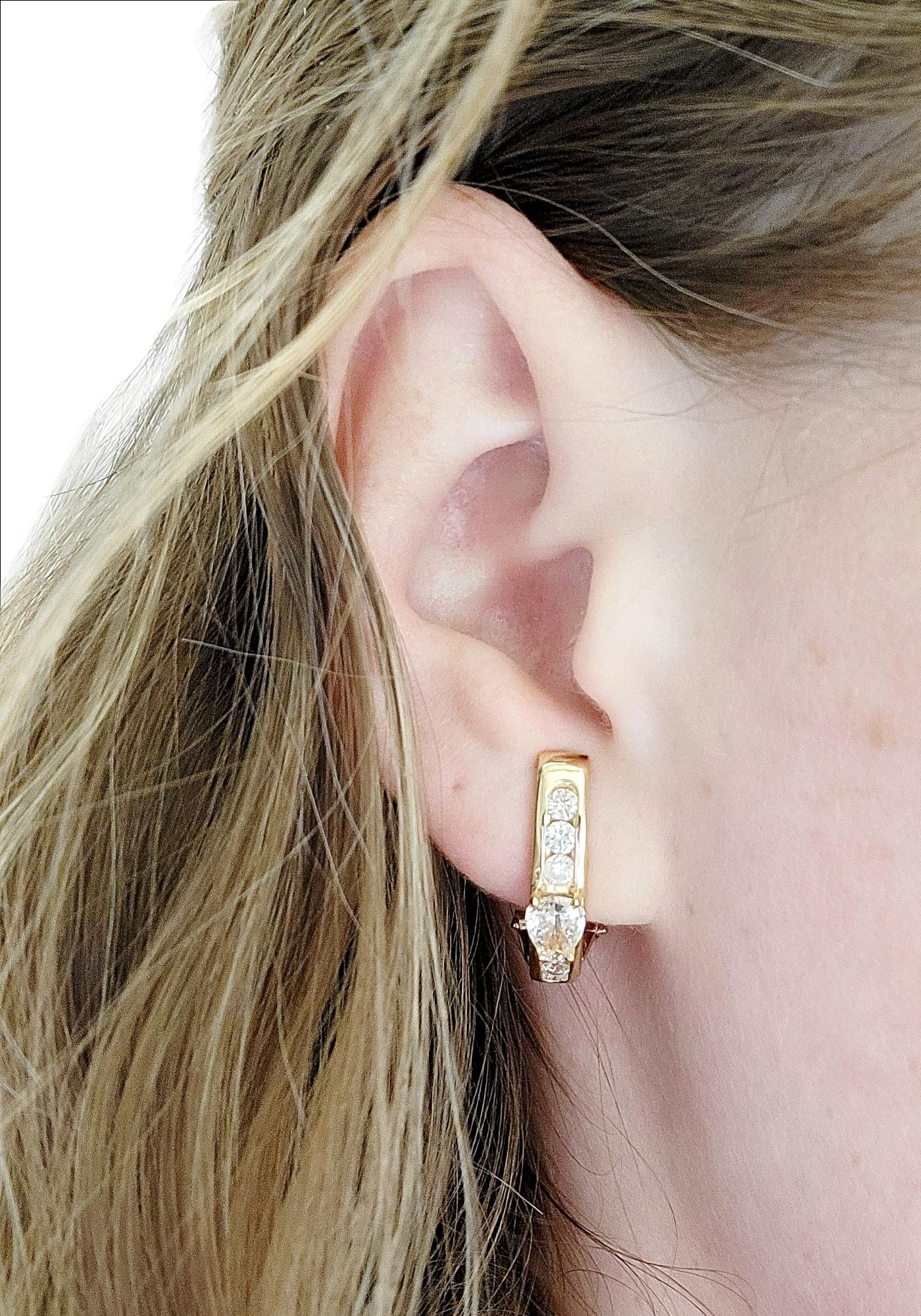 Pear and Round Diamond Half Hoop Linear Design 18 Karat Gold Pierced Earrings For Sale 7