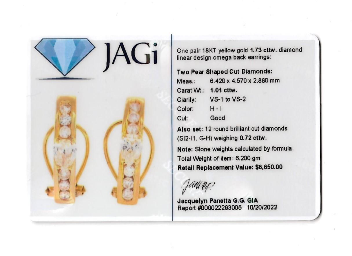 Pear and Round Diamond Half Hoop Linear Design 18 Karat Gold Pierced Earrings For Sale 8