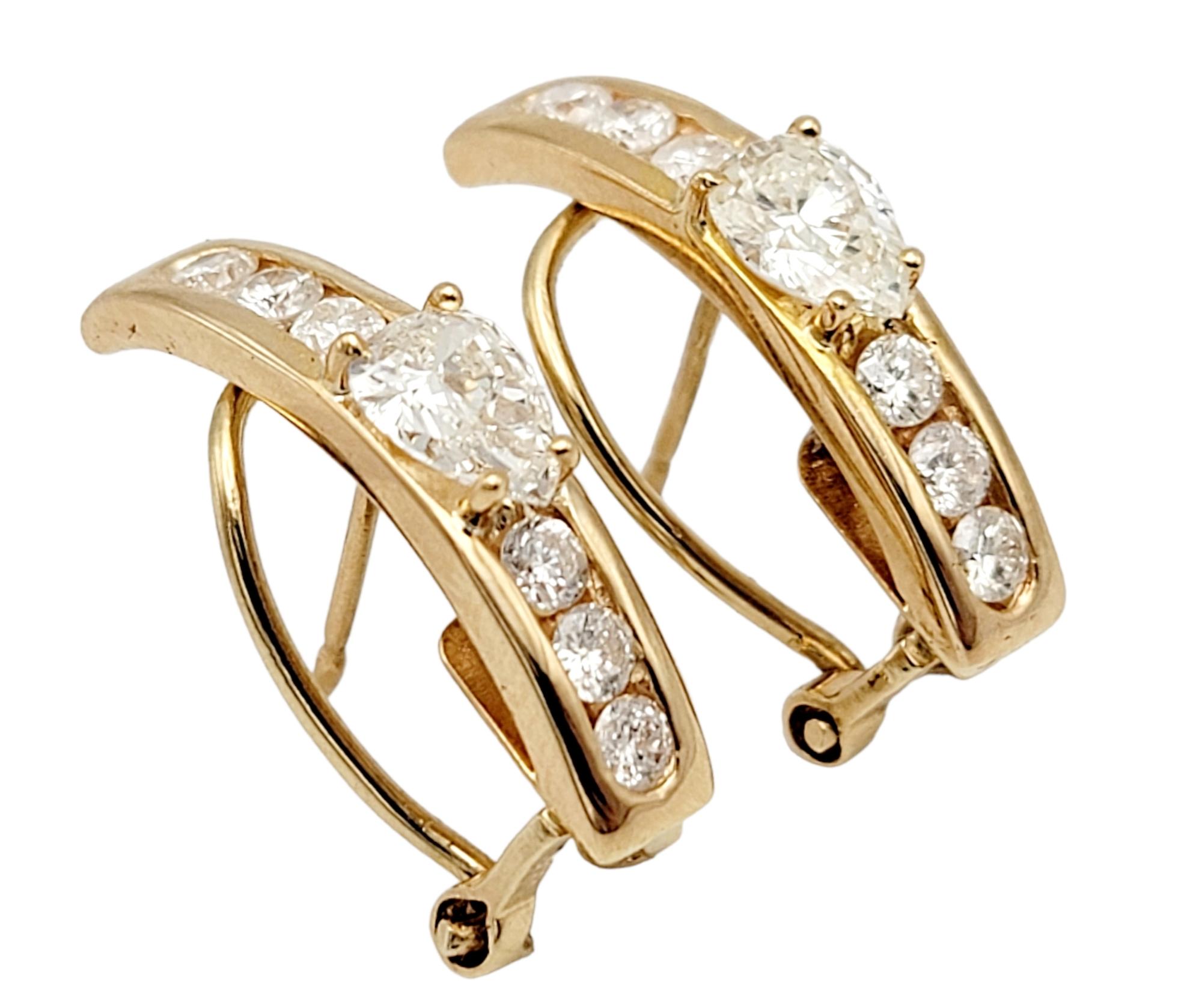 Contemporary Pear and Round Diamond Half Hoop Linear Design 18 Karat Gold Pierced Earrings For Sale