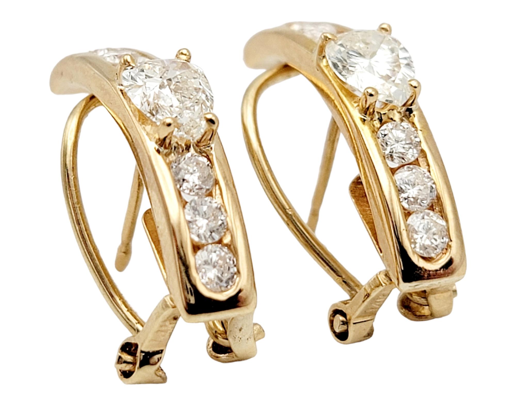 Pear Cut Pear and Round Diamond Half Hoop Linear Design 18 Karat Gold Pierced Earrings For Sale