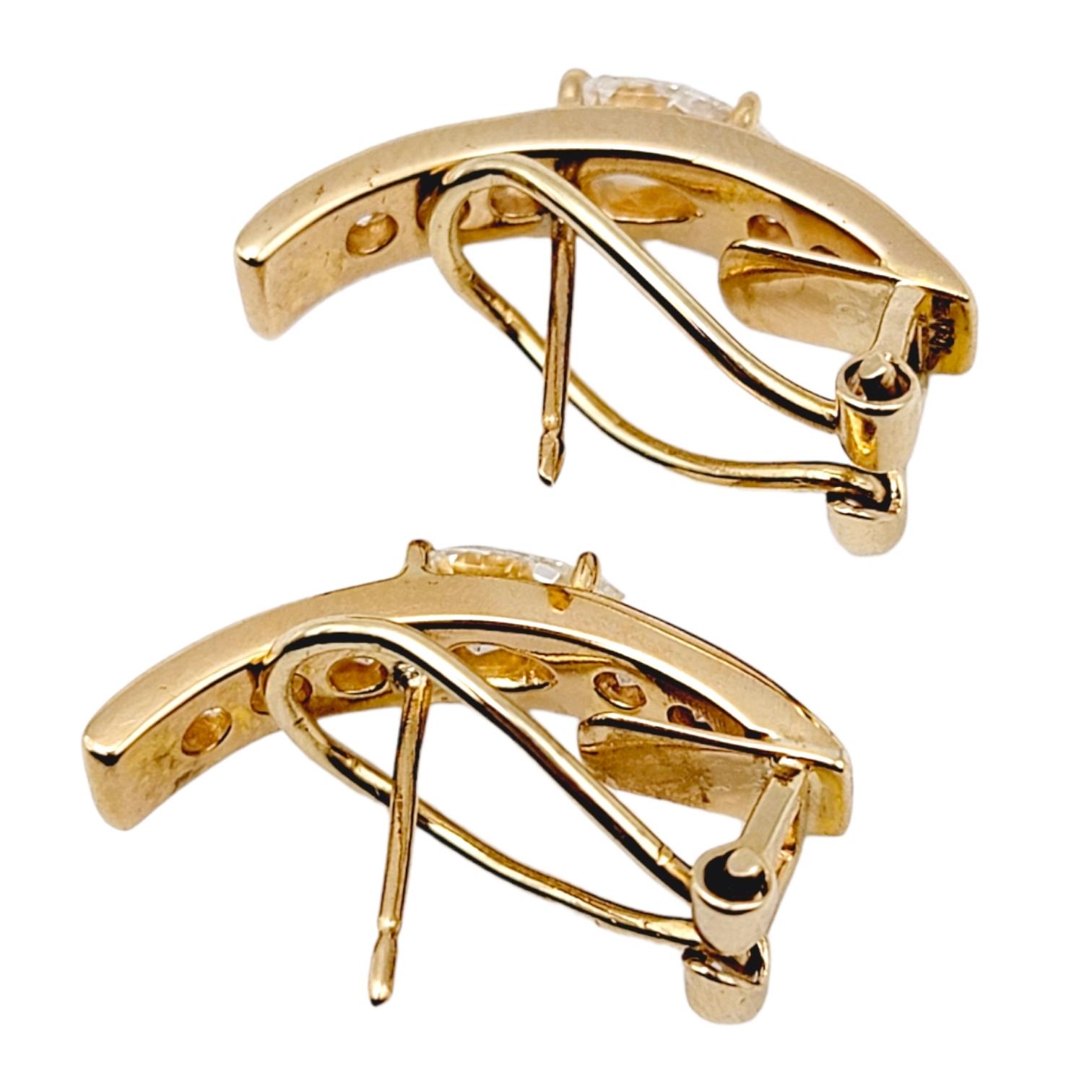 Women's Pear and Round Diamond Half Hoop Linear Design 18 Karat Gold Pierced Earrings For Sale