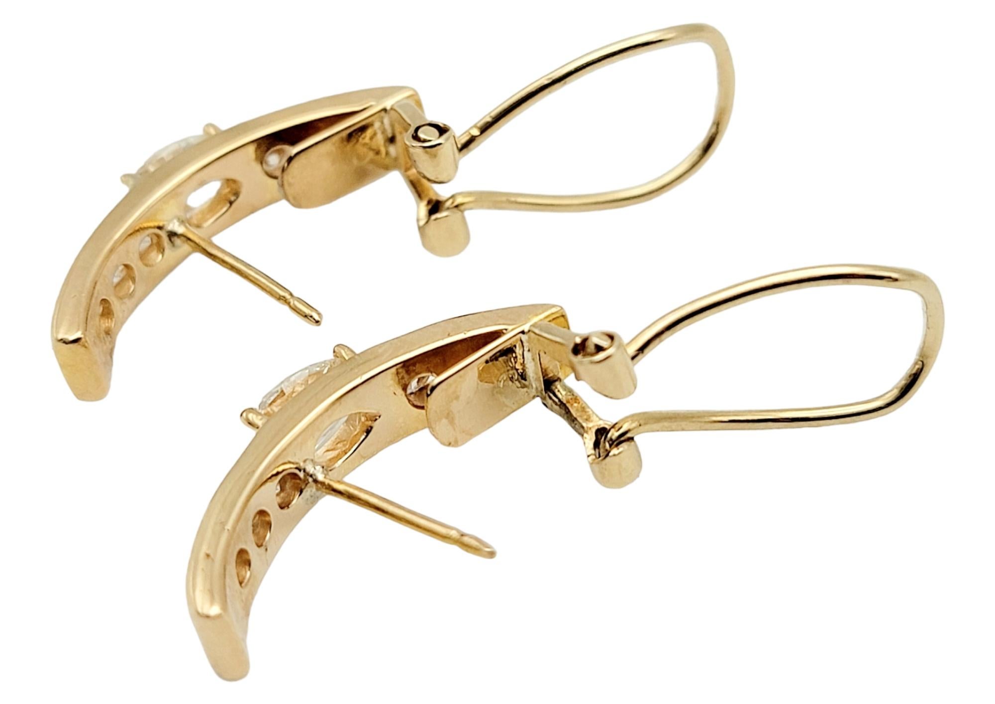 Pear and Round Diamond Half Hoop Linear Design 18 Karat Gold Pierced Earrings For Sale 1