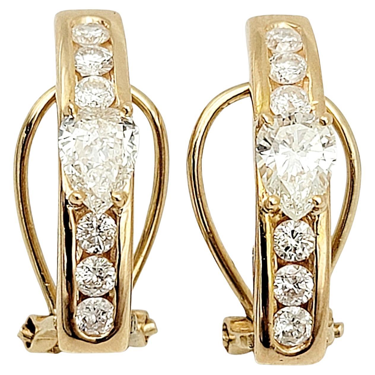 Pear and Round Diamond Half Hoop Linear Design 18 Karat Gold Pierced Earrings For Sale