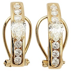 Pear and Round Diamond Half Hoop Linear Design 18 Karat Gold Pierced Earrings