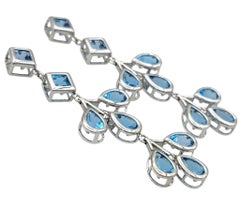 Pear and Square Cut Swiss Blue Topaz Chandelier Dangle Earrings 10K White Gold
