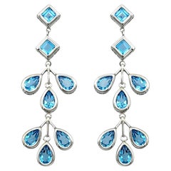 Pear and Square Cut Swiss Blue Topaz Chandelier Dangle Earrings 10K White Gold