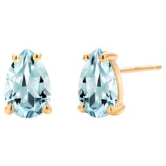 Pear Aquamarine 2.80 Carats 0.34 Inch by 0.26 Inch Yellow Gold Stud Earrings