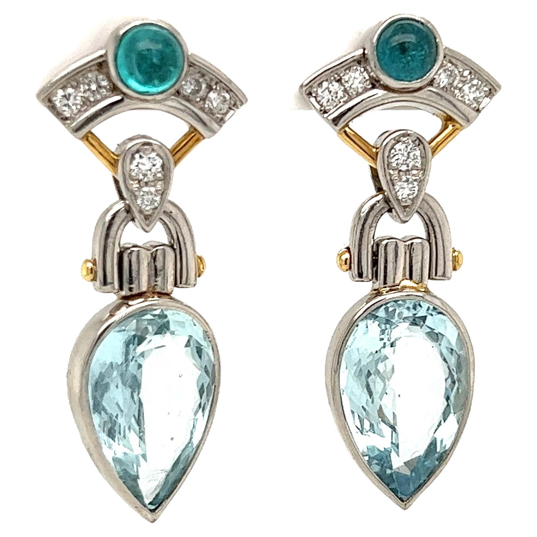 Pear Aquamarine and Diamond Platinum Drop Earrings Estate Fine Jewelry