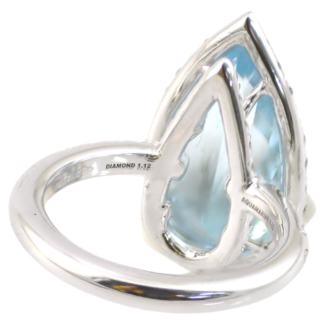 The enchanting Aquamarine Ring is centering a Brazilian Pear cut aquamarine surrounded by 55 high quality diamonds 
Handmade in Margherita Burgener family workshop, signed and stamped Margherita Burgener

18 kt white gold g 7,03
n.55 diamond  total