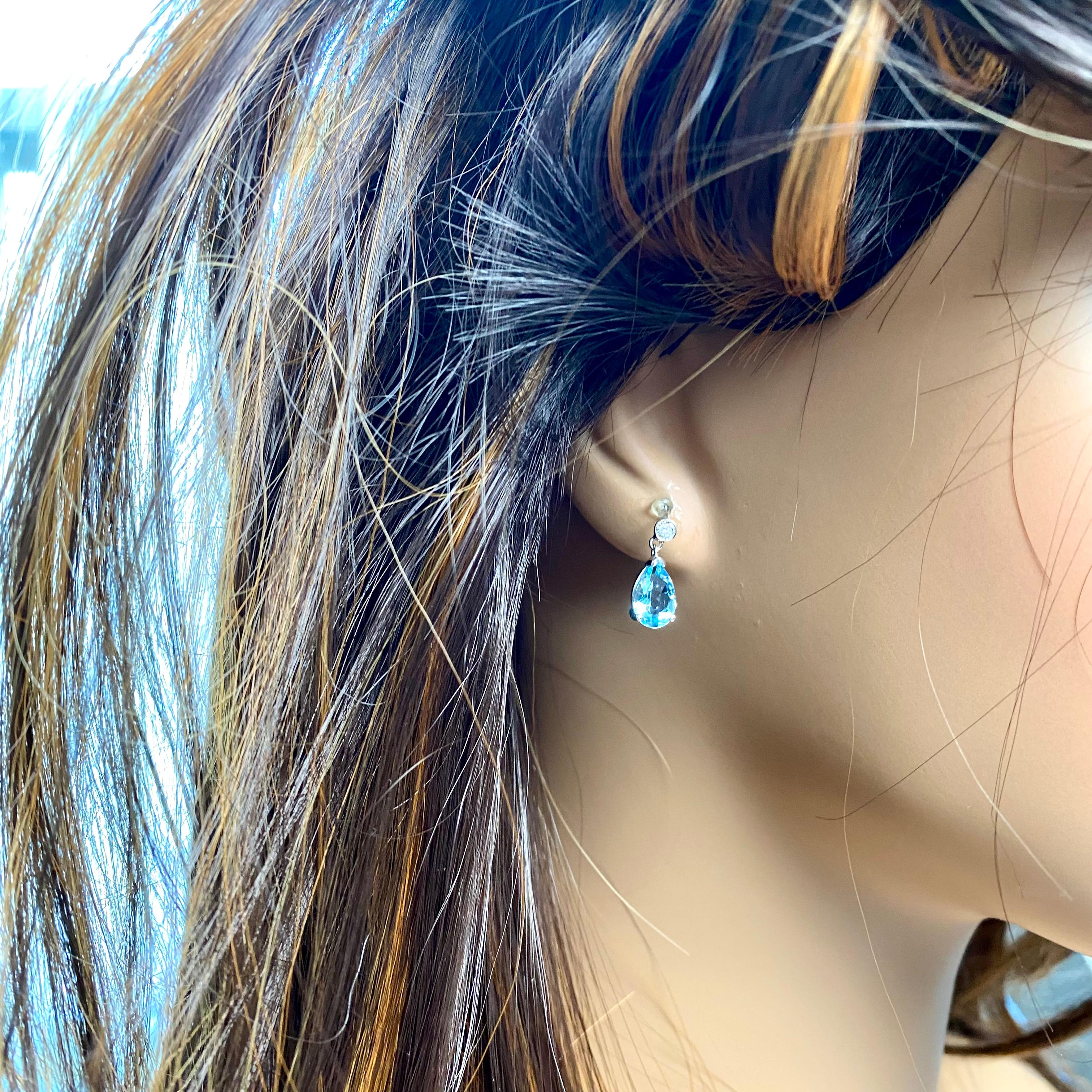 Pear Cut Pear Aquamarine Diamond 3.30 Carat White Gold One Inch Long Drop Earrings