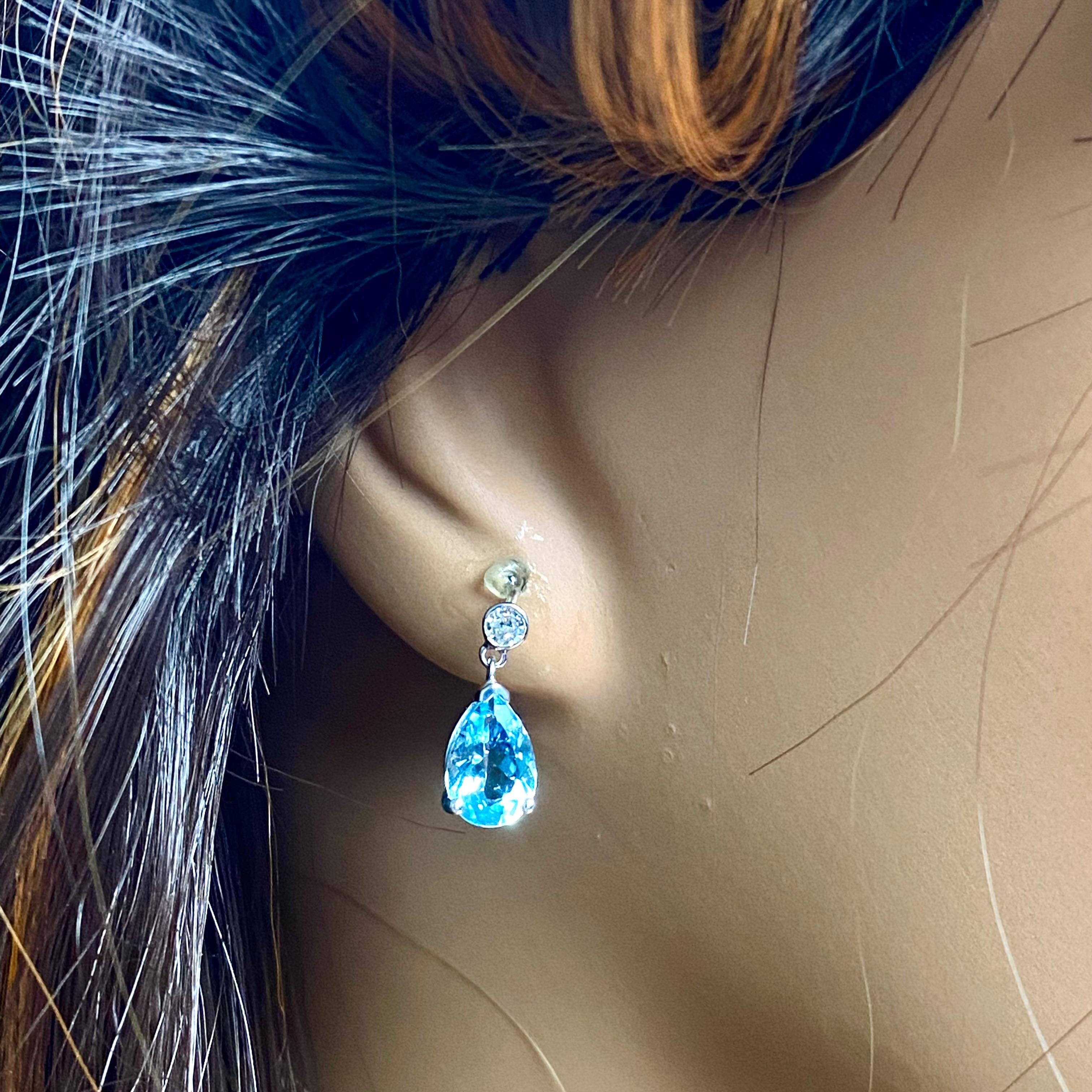 Women's Pear Aquamarine Diamond 3.30 Carat White Gold One Inch Long Drop Earrings