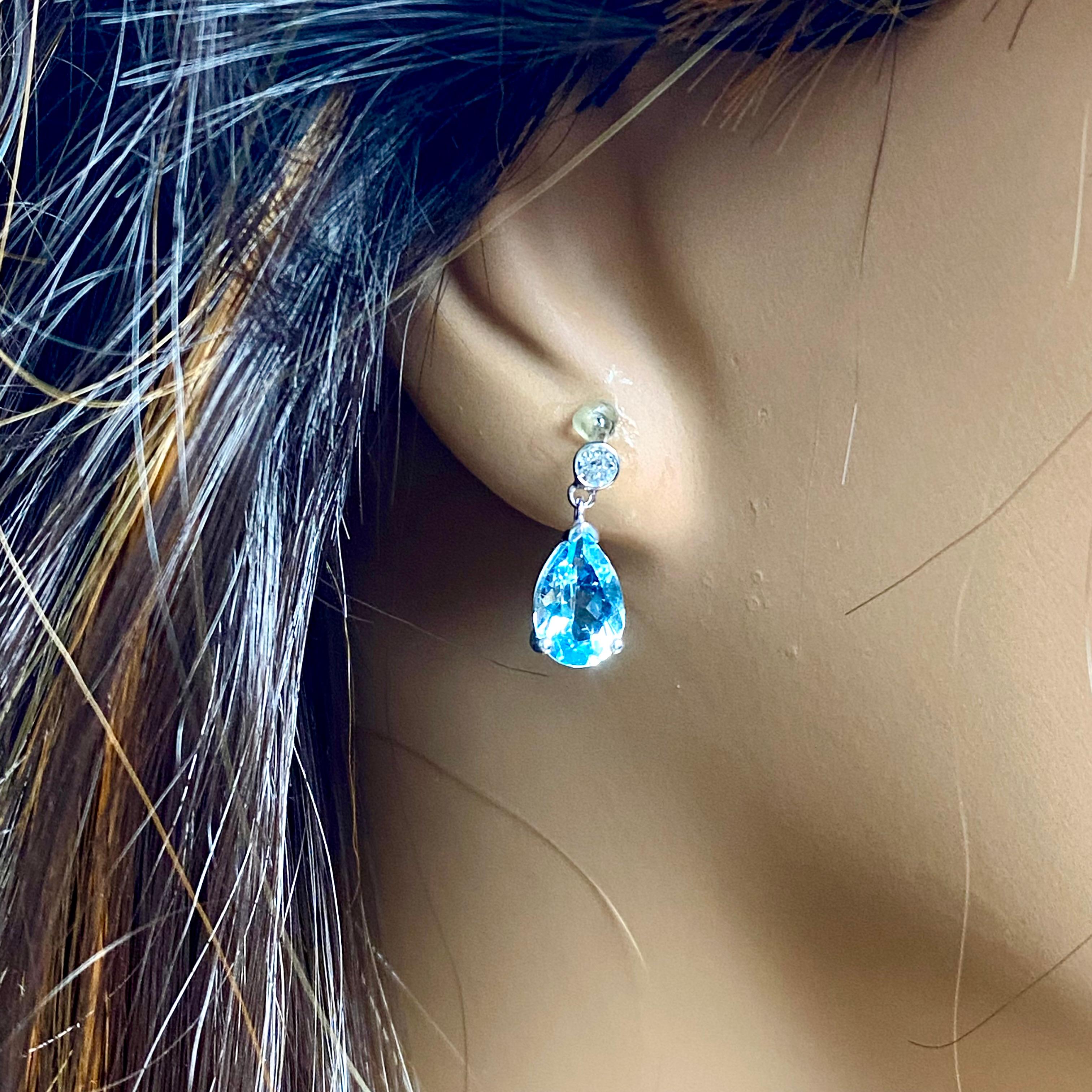 Pear Aquamarine Diamond 3.30 Carat White Gold One Inch Long Drop Earrings 1