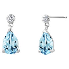 Pear Aquamarine Diamond 3.30 Carat White Gold One Inch Long Drop Earrings