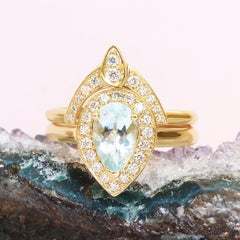 Pear Aquamarine Diamond Halo Ring Unique Bridal Two Ring Set - "The 3rd Eye"