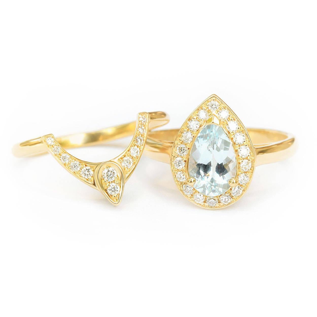 Contemporary Pear Aquamarine Diamond Halo Ring Unique Bridal Two Ring Set - 