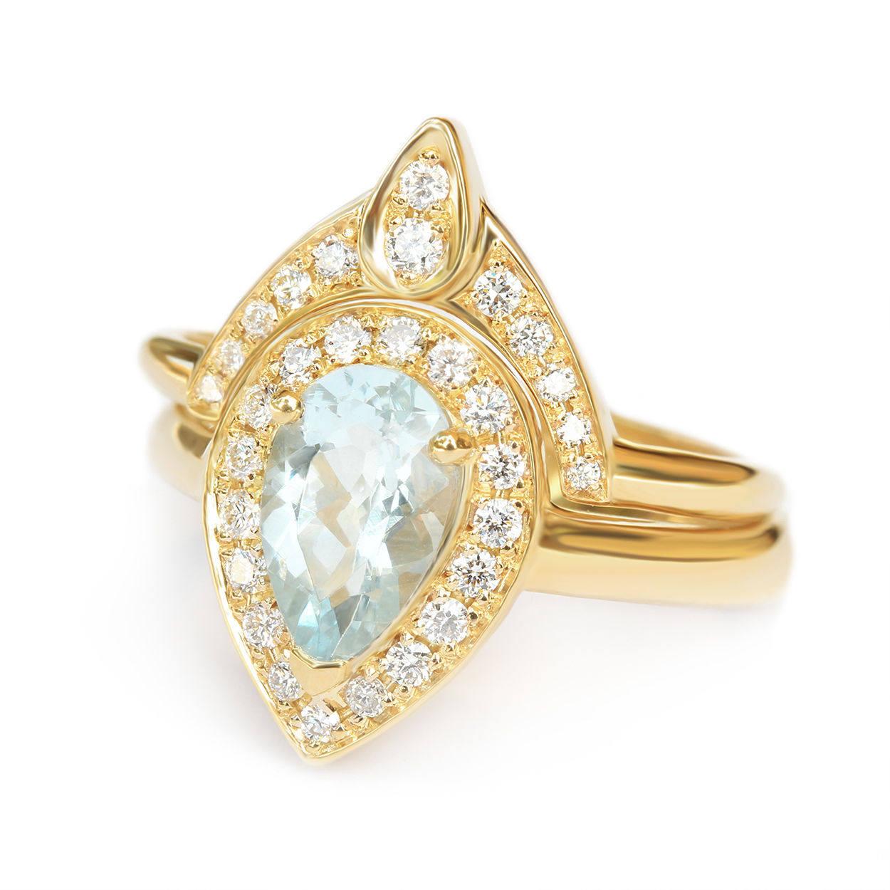 Pear Cut Pear Aquamarine Diamond Halo Ring Unique Bridal Two Ring Set - 